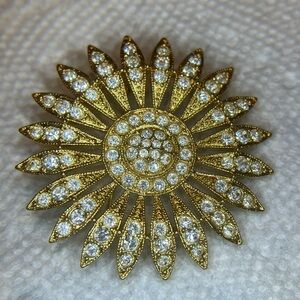 Vintage Sunflower Brooch Pin clear rhinestone gold tone metal